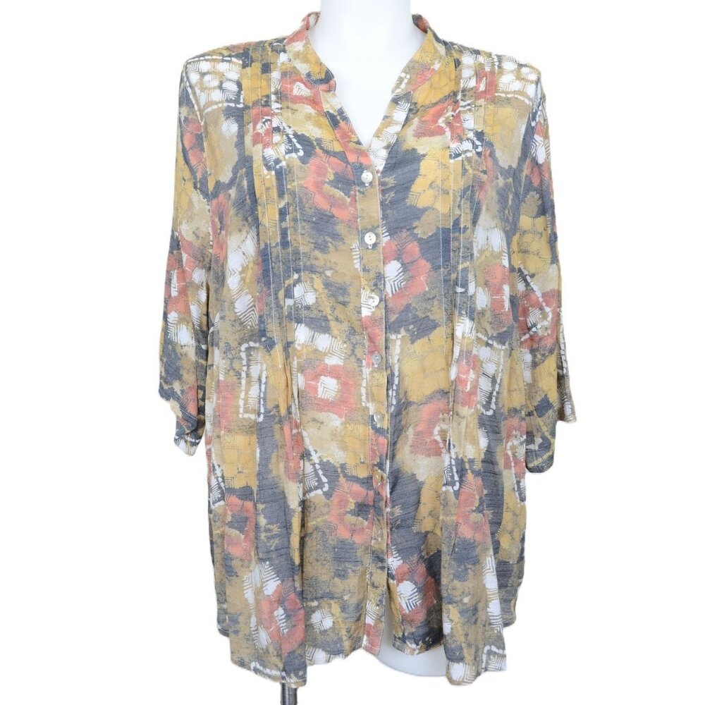 Ruby Rd. Woman PLUS 3X Artsy Watercolor 3/4 Sleeve Button Front Blouse Tunic